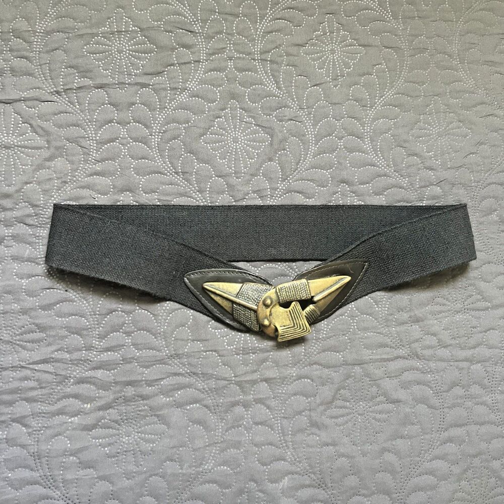 Vintage 1970’s Boho Hippy Black Stretch Belt w/Brass Arrowhead Buckle Indie Chic